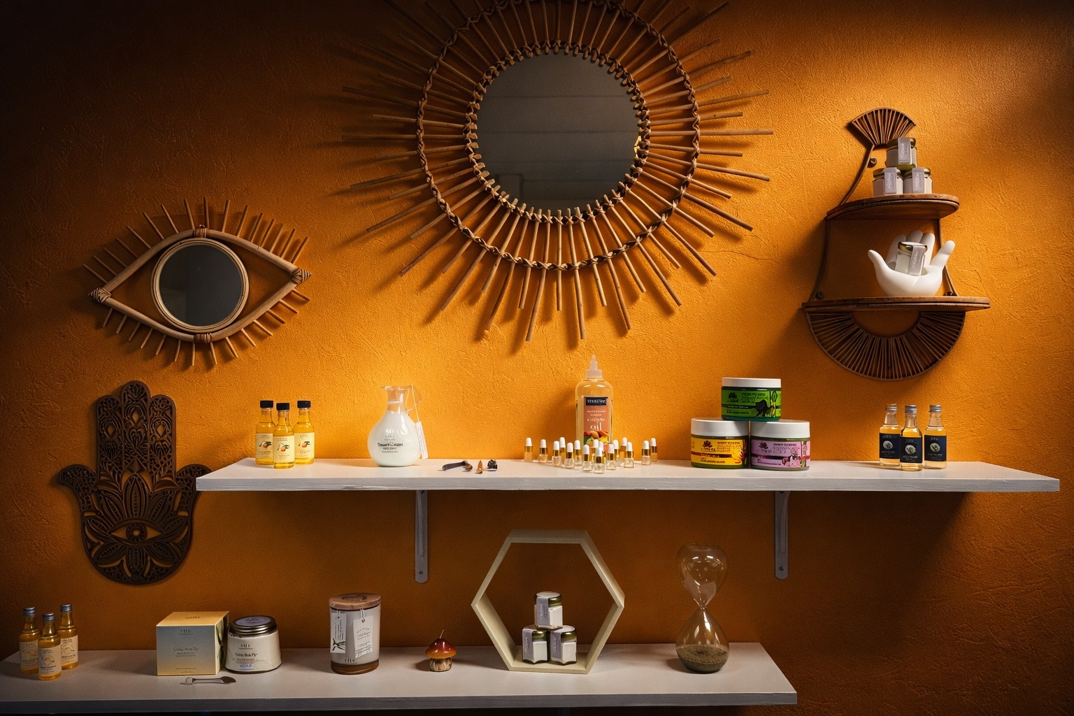 A curated product display inside The Sacred Basin